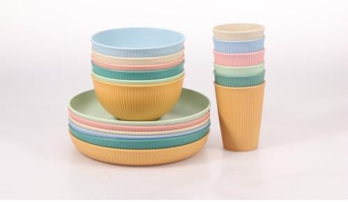 18-Piece Plastic camping plates with Stripes for Adults Kids