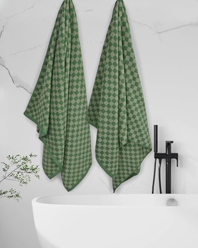 Cotton Soft Green Checkered Bath Towels - 54x28 2-Pack
