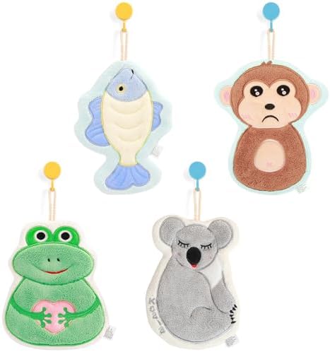 4-Pack Cute Animal Hand Towels with Hanging Loop for Home Kitchen