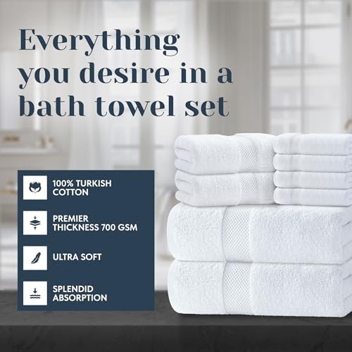 Luxury White Bath Towels Set - 100 Turkish Cotton - 8-Piece