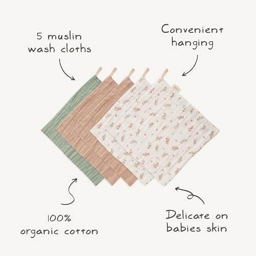 Mushie Muslin Organic Cotton Washcloths 5-Pack with Retro Flowers