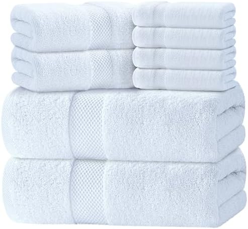Luxury White Bath Towels Set - 100 Turkish Cotton - 8-Piece