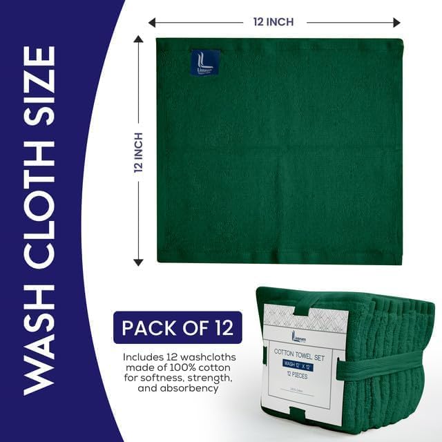 Premium Washcloths 100 Cotton Zero Twist 12x12 Hunter Green