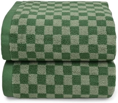 Cotton Soft Green Checkered Bath Towels - 54x28 2-Pack