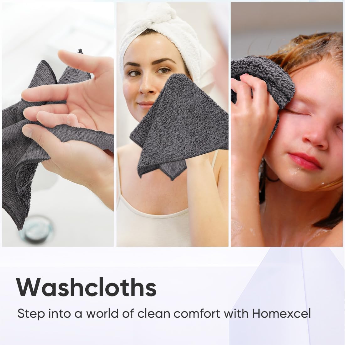 HOMEXCEL Microfiber Washcloths 12 Pack Grey 12x12
