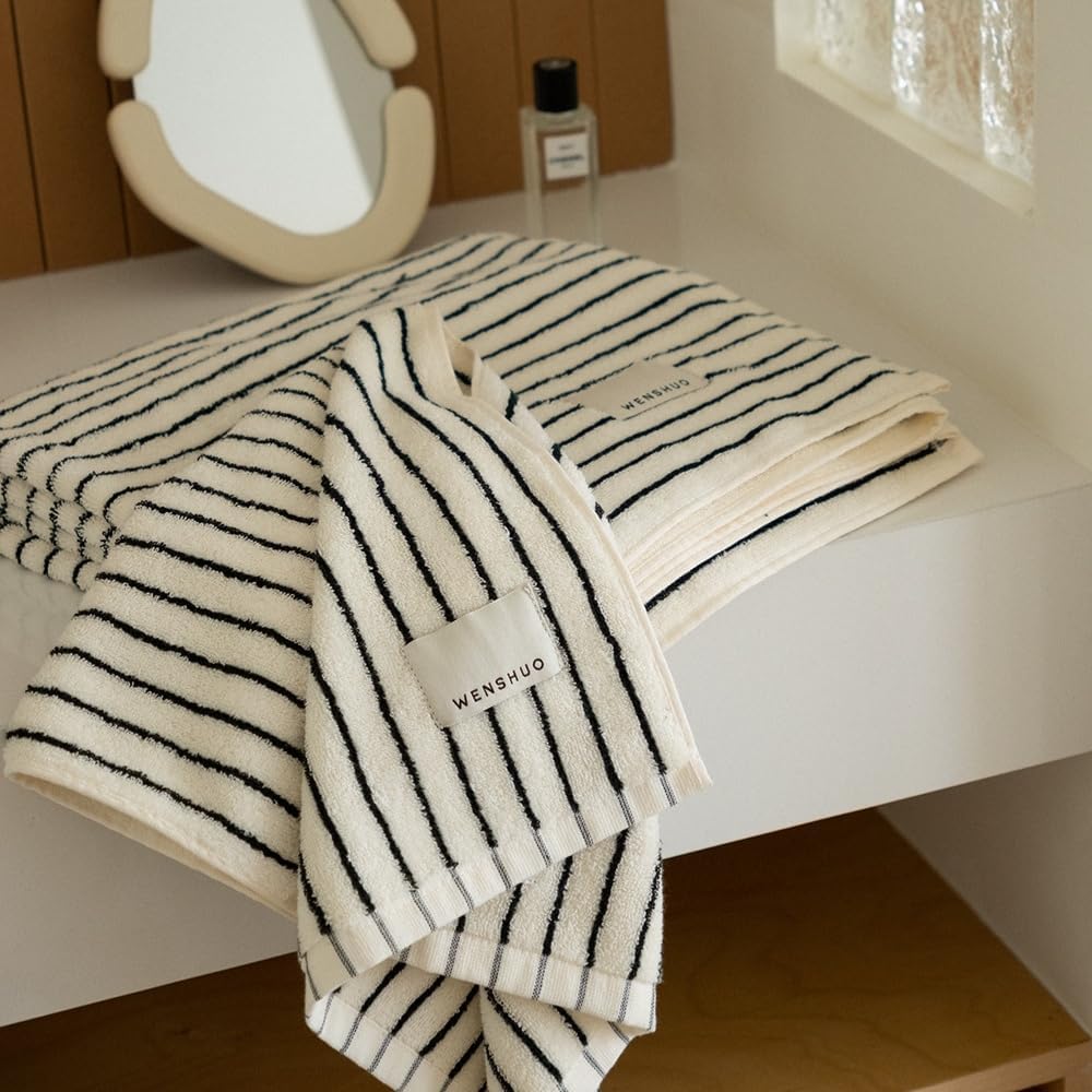 WenShuow BlackWhite Striped Pure Cotton Bath Towel - Luxury Absorbent