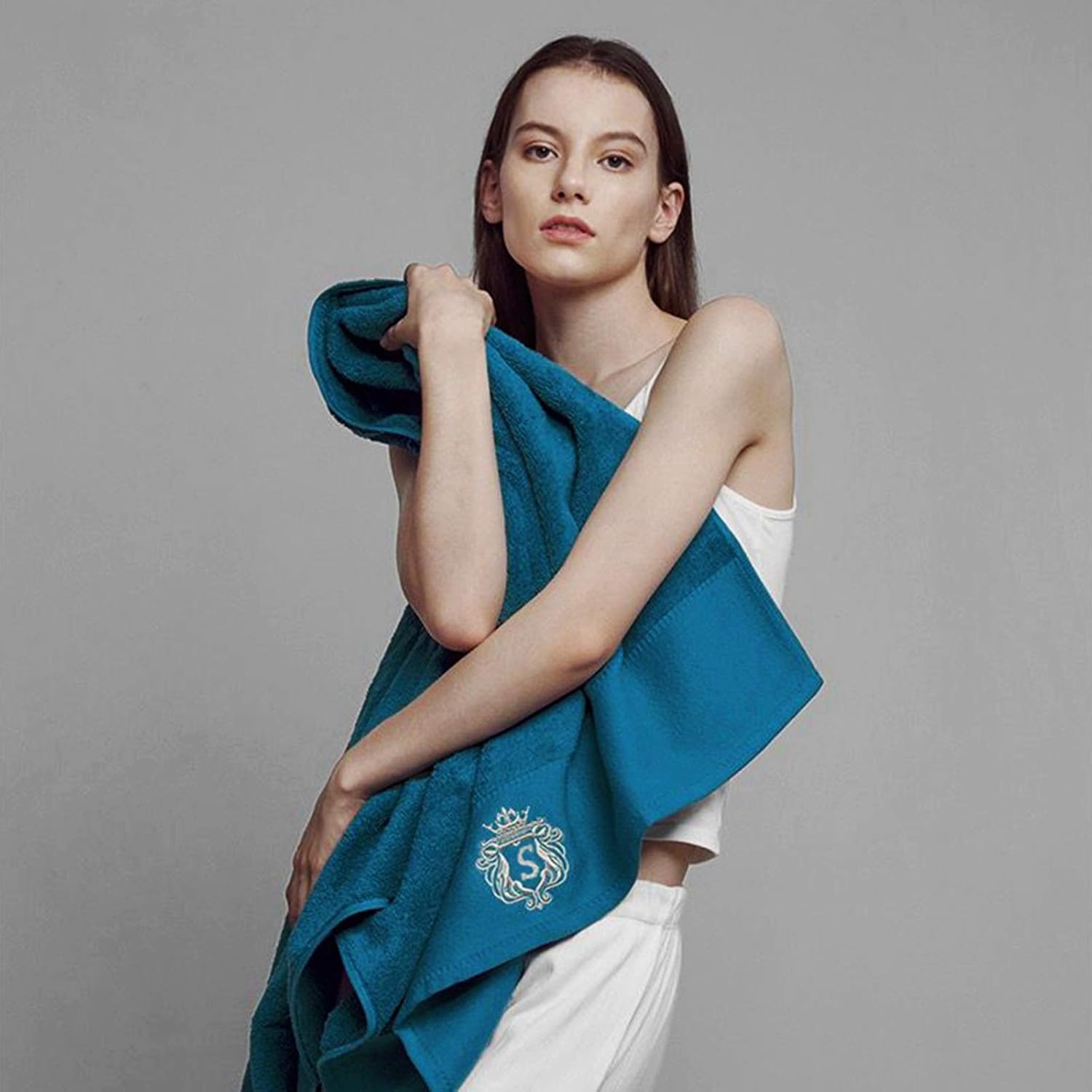 Premium 100 Pure Cotton Bath Towels Luxury Hotel Spa Peacock-Blue Embroidery