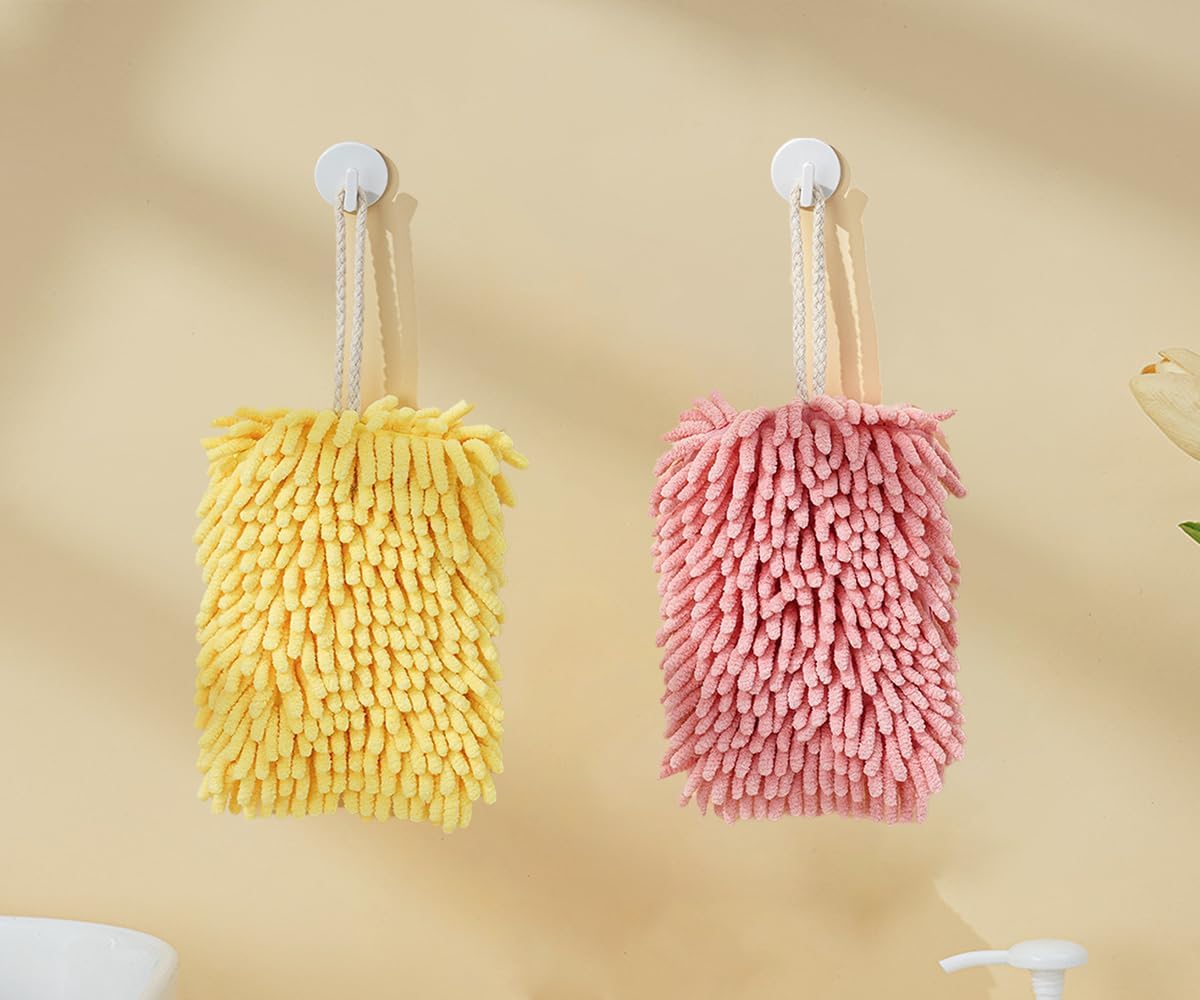 2-Piece Yellow and Pink Microfiber Hand Towels with Hanging Loops