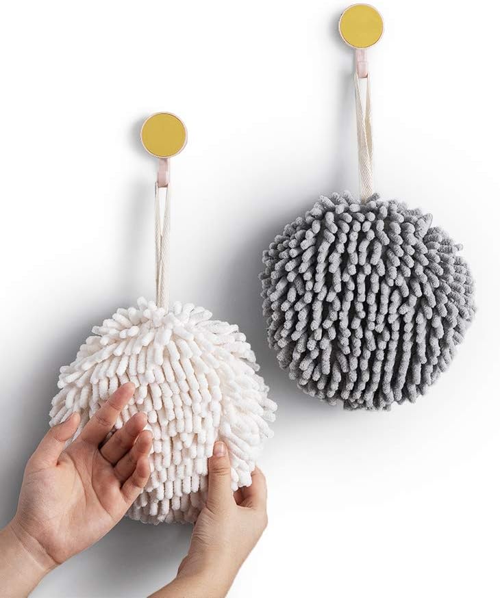 Fuzzy Ball Towels Set Perfect for the Bathroom White and Gray