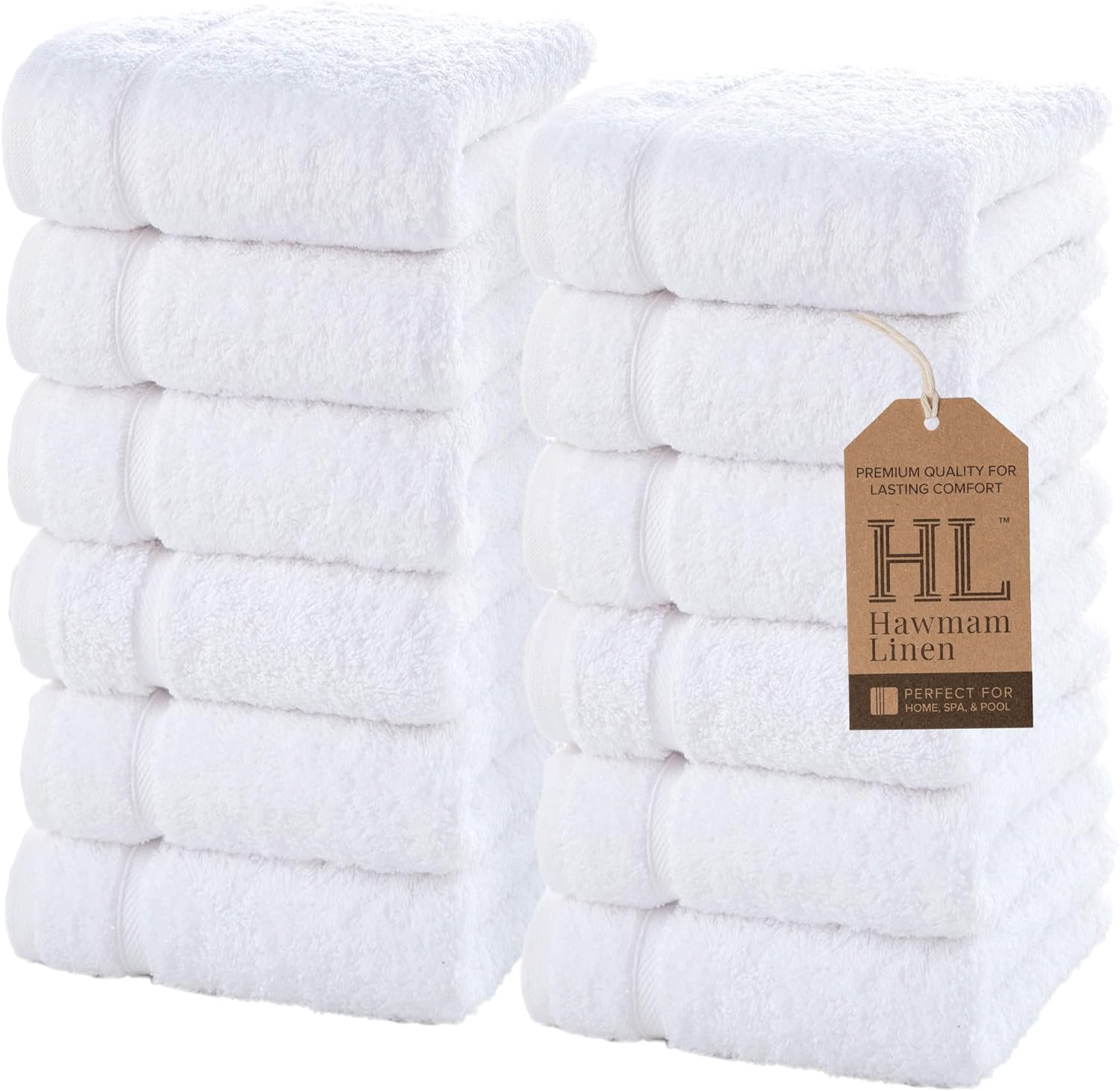 Hawmam Linen Luxury 13x13 Cotton Washcloths Durable Soft Eco-Friendly 12-Pack