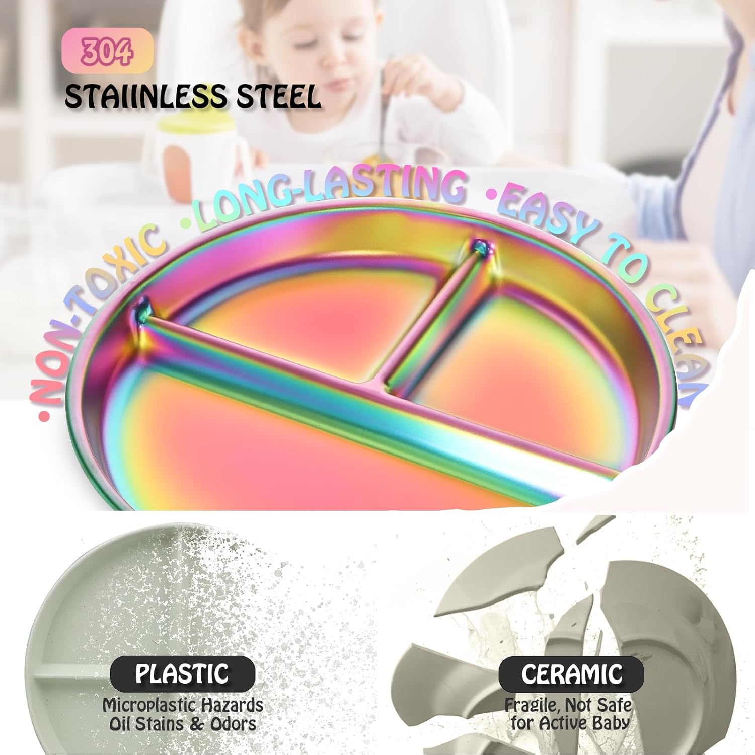 Rainbow 9 Stainless Steel Toddler Plate Set