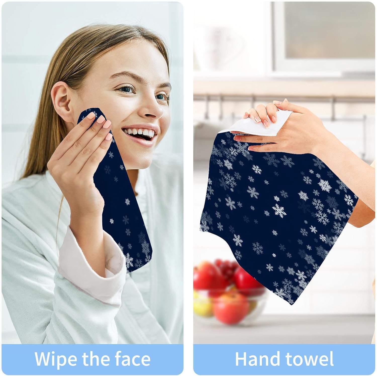 Blue Snowflake Washcloth Set Soft Cotton Face Towels 2Pack