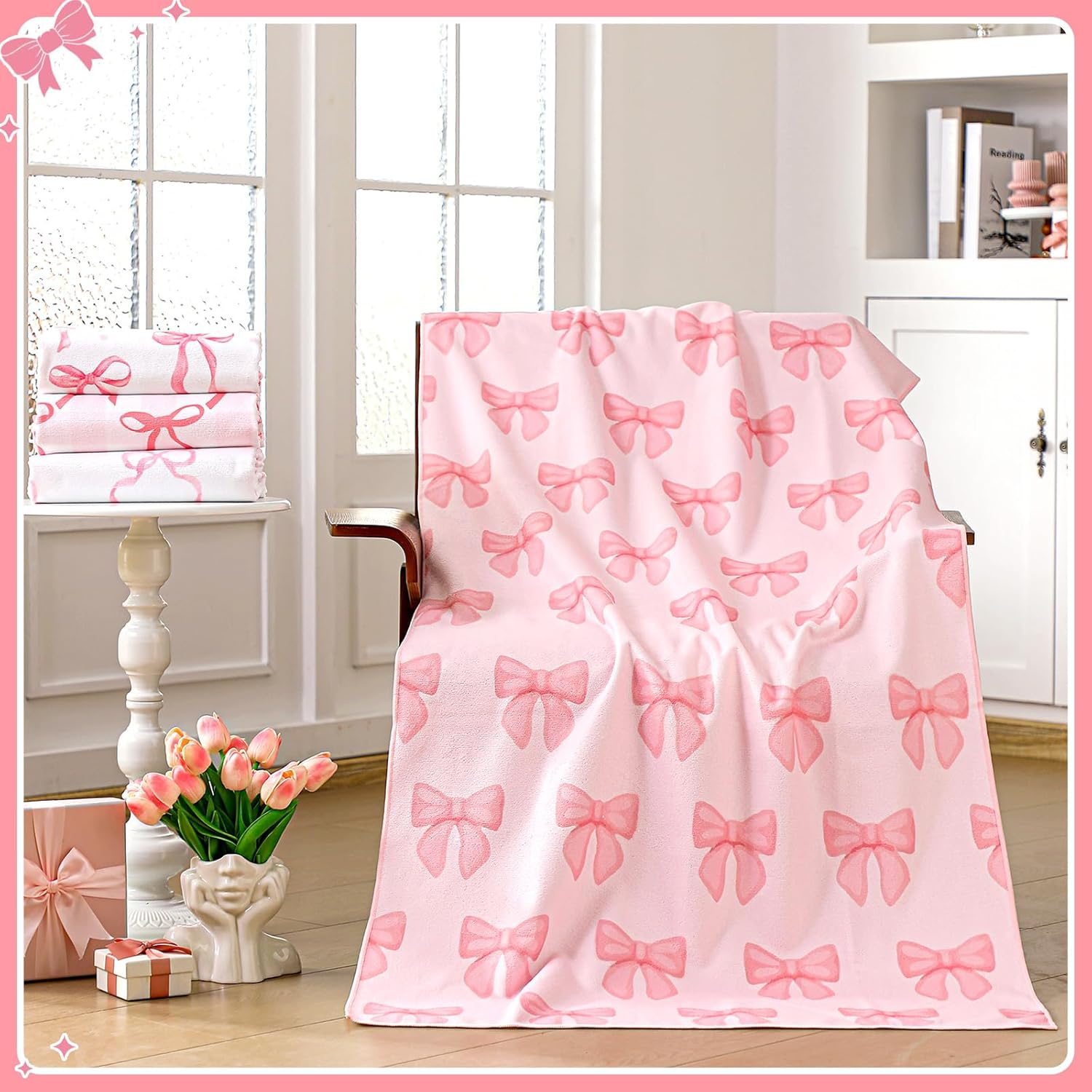 Adorable 4-Piece Pink Bow Beach Towels Set