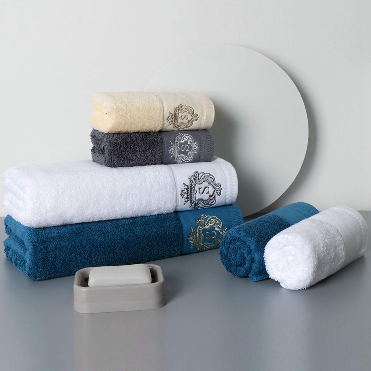 Premium 100 Pure Cotton Bath Towels Luxury Hotel Spa Peacock-Blue Embroidery