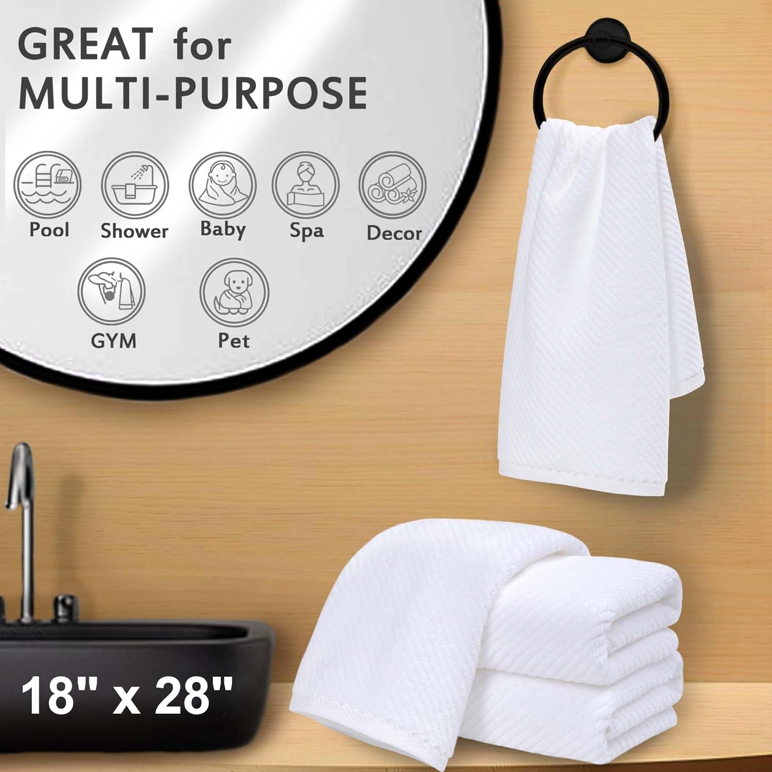 VOOVA MOVAS White Hand Towels 4 Pack Large 18x28