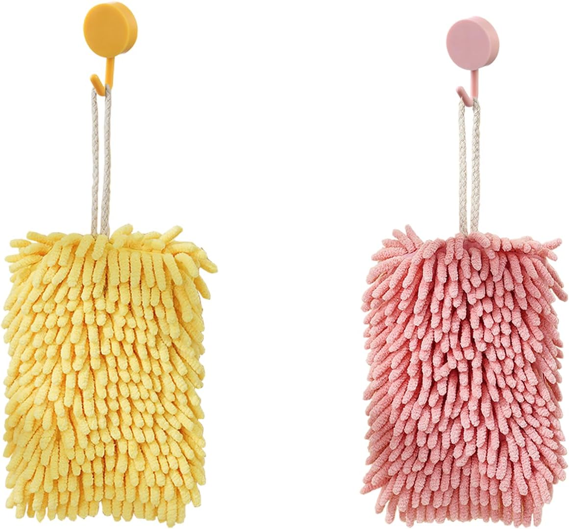 2-Piece Yellow and Pink Microfiber Hand Towels with Hanging Loops