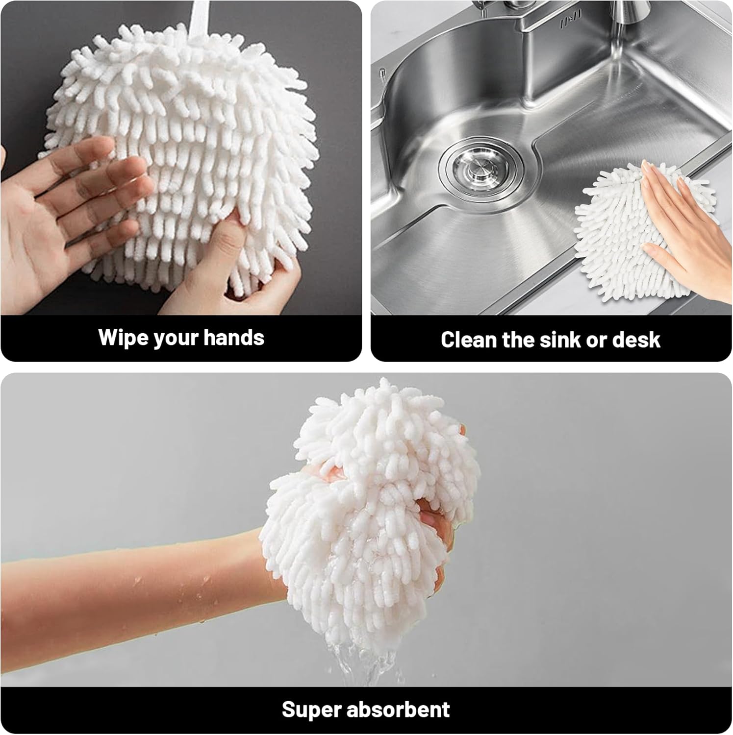 Dormercy Fuzzy Ball Towels 2 Pack White with 4 Clips