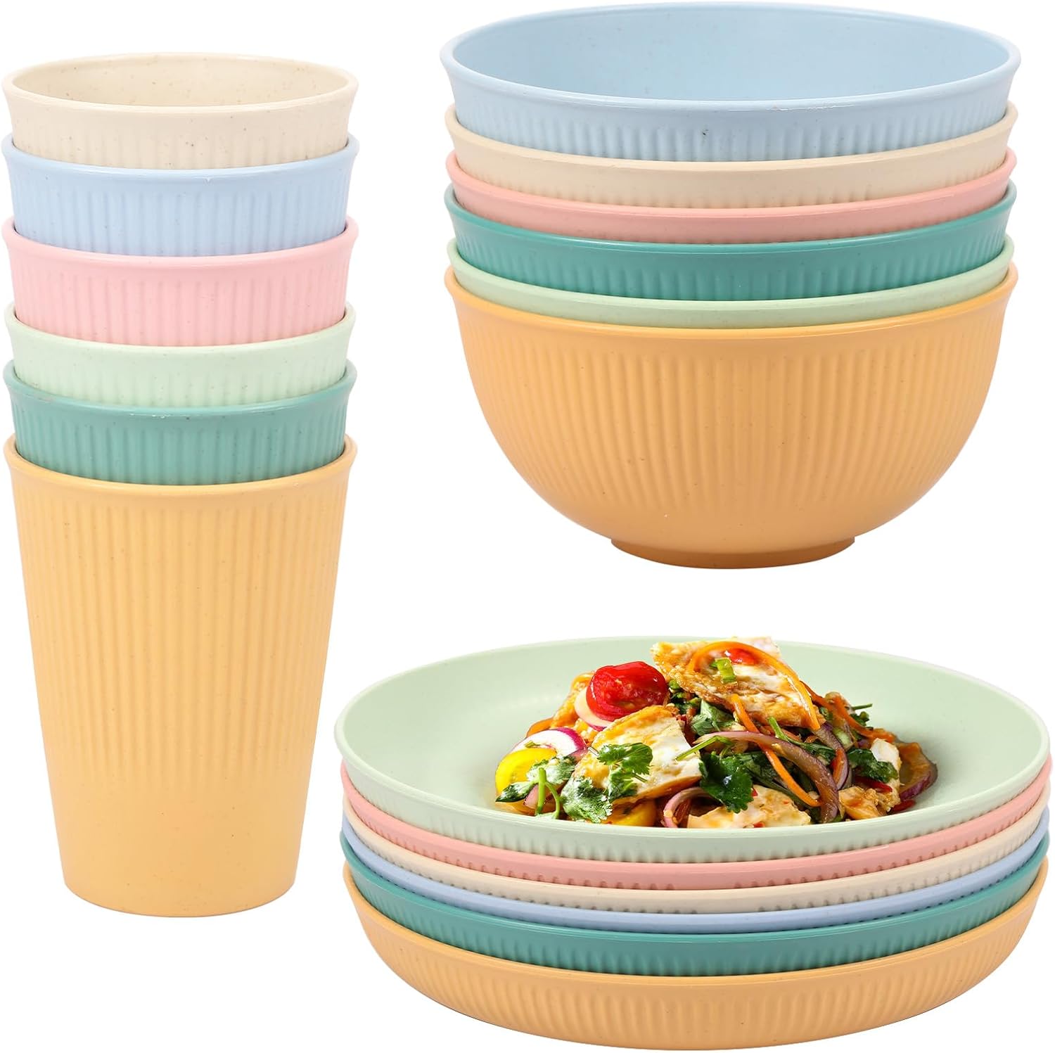 18-Piece Plastic camping plates with Stripes for Adults Kids
