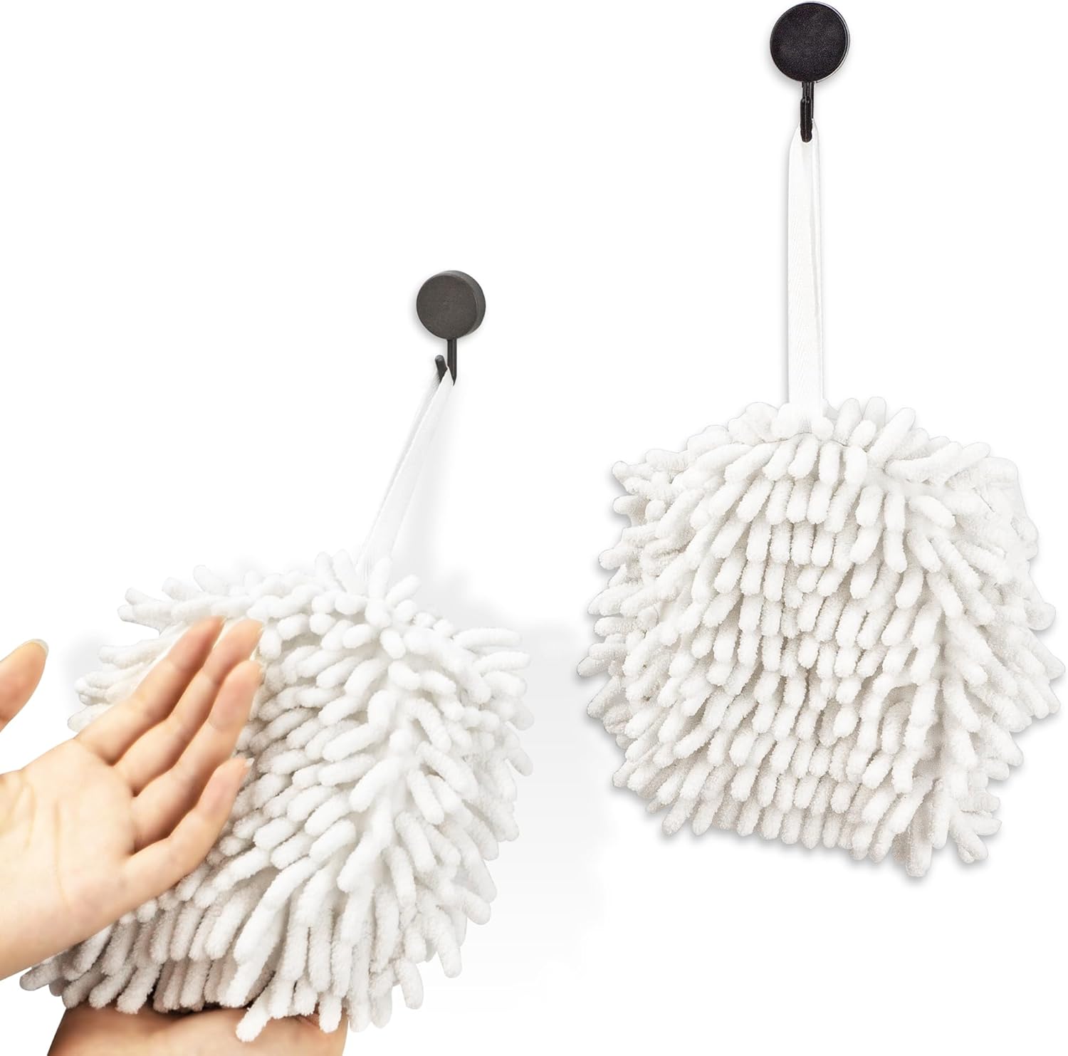 Dormercy Fuzzy Ball Towels 2 Pack White with 4 Clips