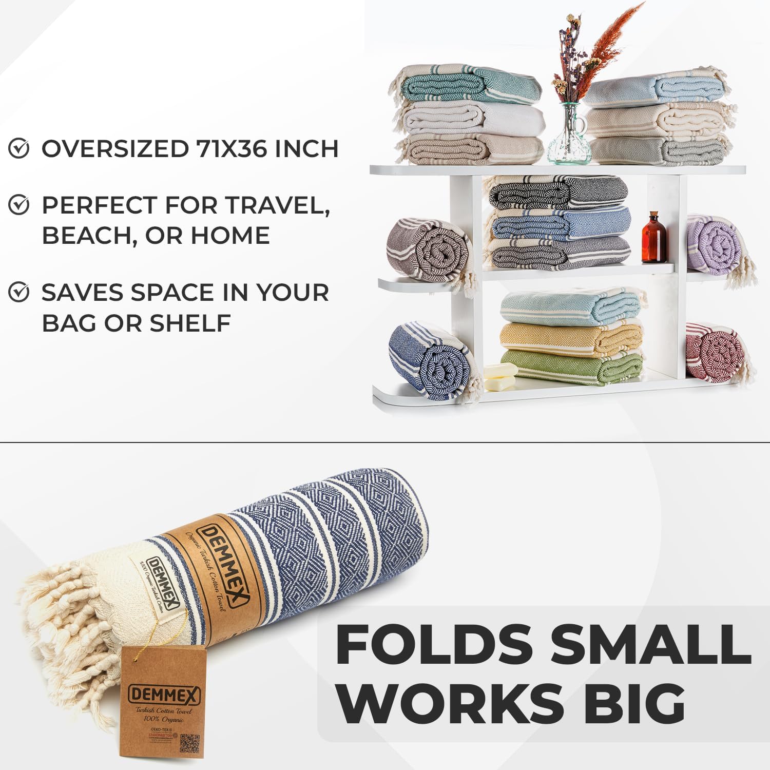 DEMMEX Organic Luxury Ultra Soft Turkish Cotton Bath Towel - 71x36 PreWashed Diamond Weave