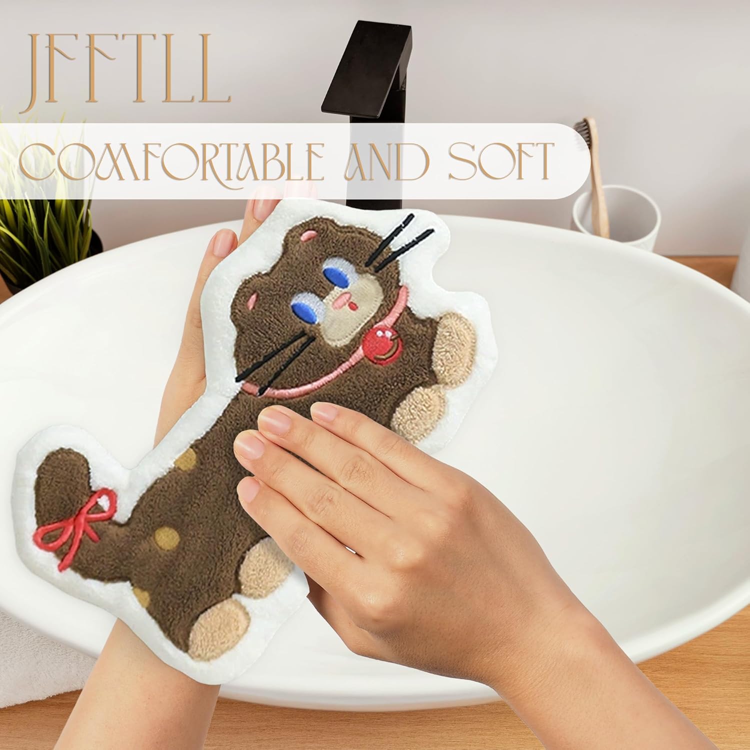 JFFTLL Brown Polka Dot Cat Hand Towels