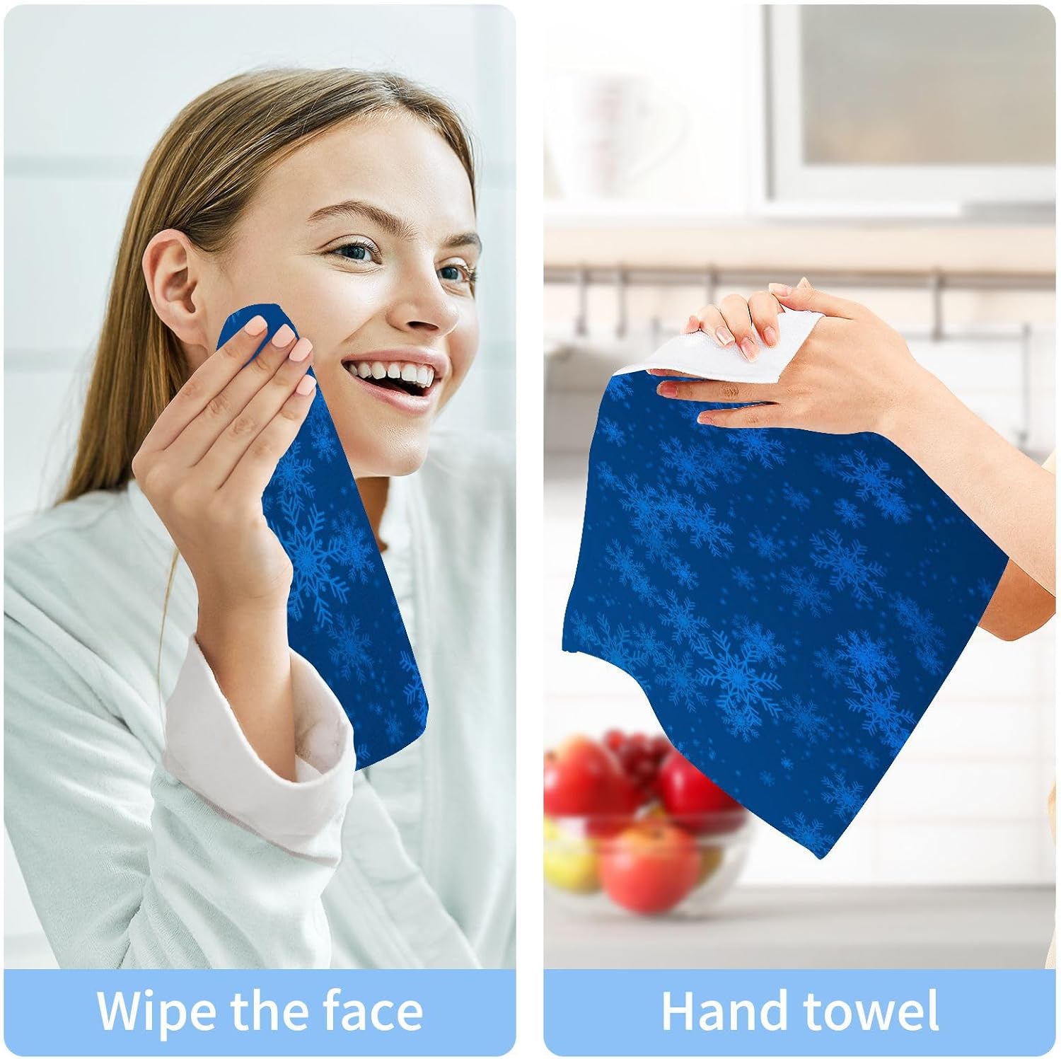 Blue Christmas Snowflake Washcloth Set - Soft Absorbent Reusable Face Towels