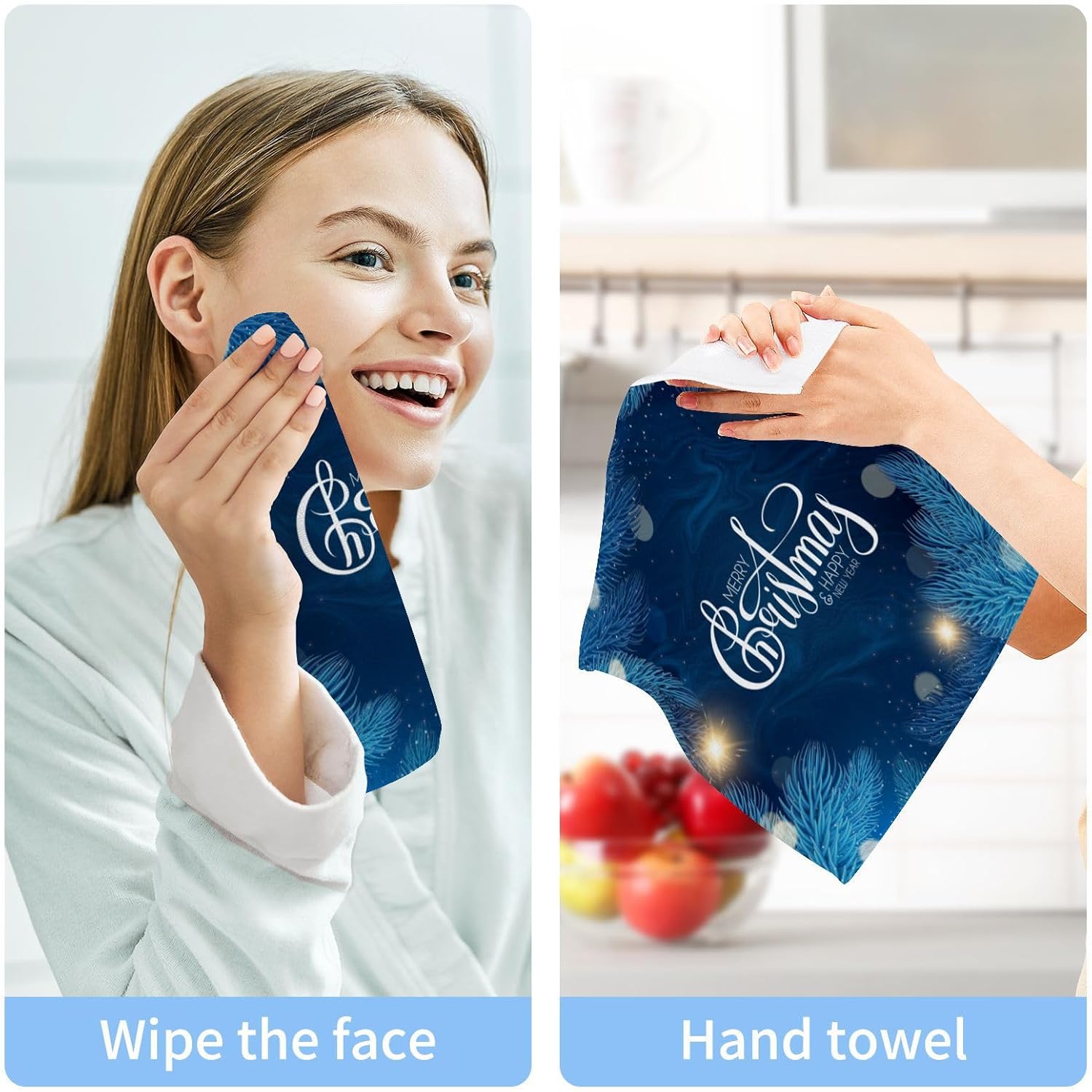 Merry Christmas Blue Washcloth Set Soft Absorbent Reusable for Baby