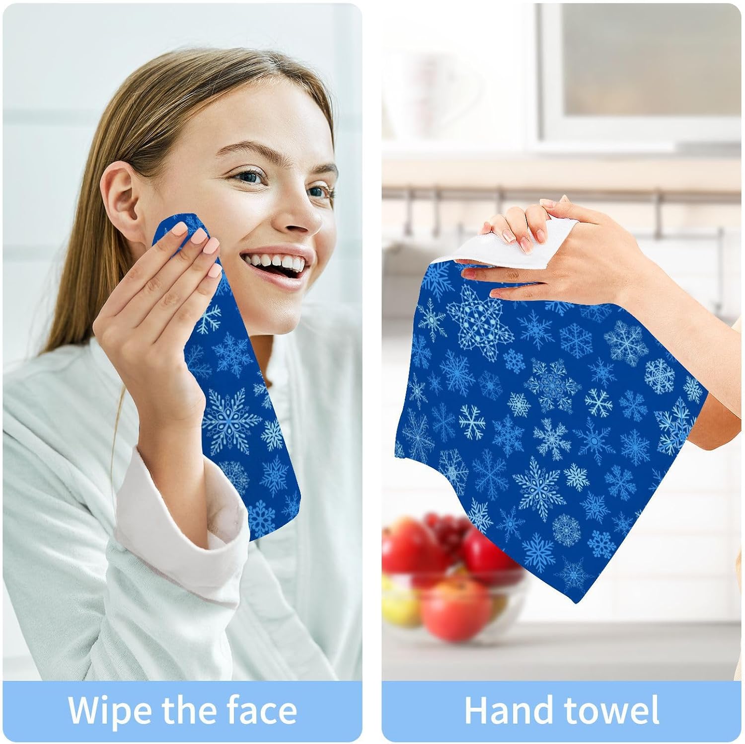 Christmas Blue Snowflake Soft Reusable Washcloth Set for BathroomBedtime