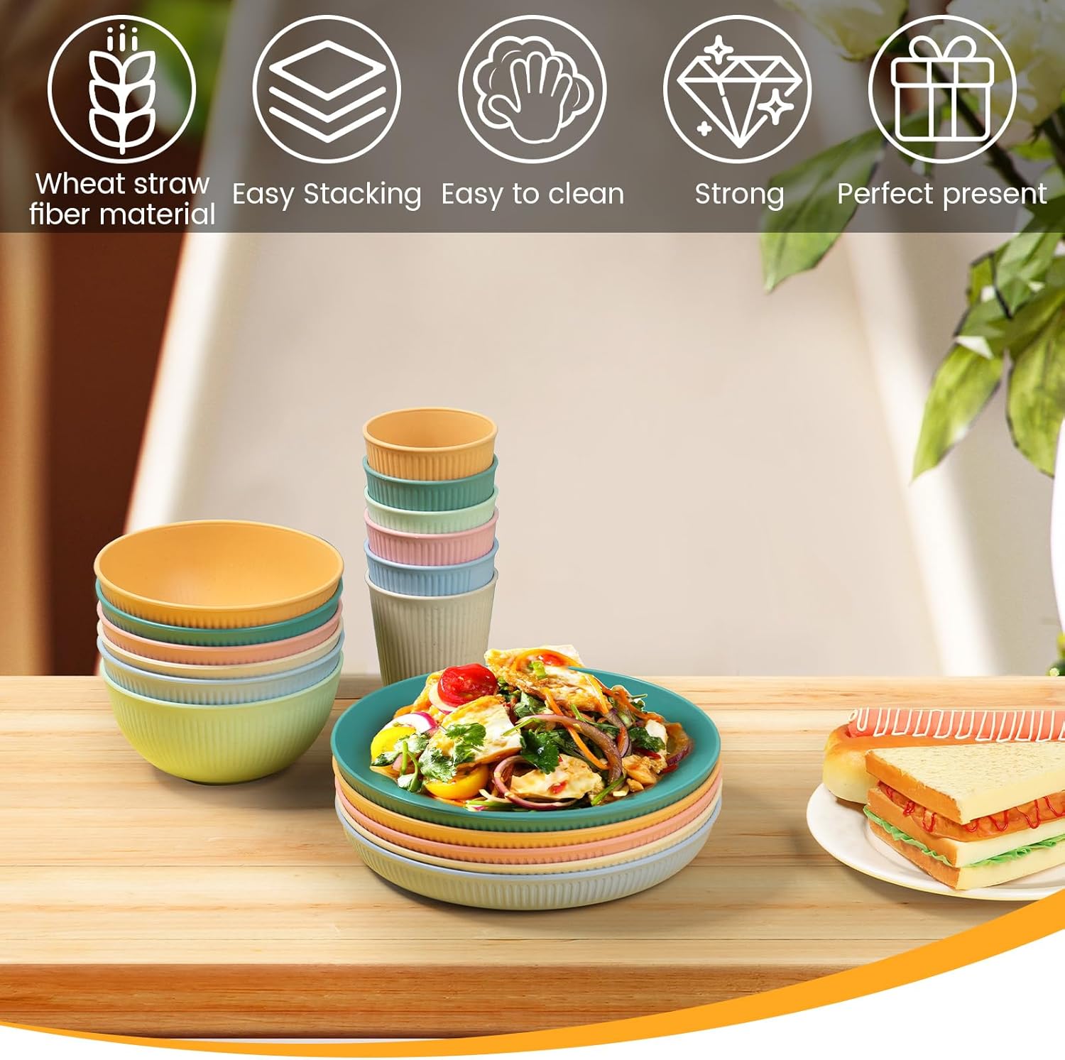 18-Piece Plastic camping plates with Stripes for Adults Kids