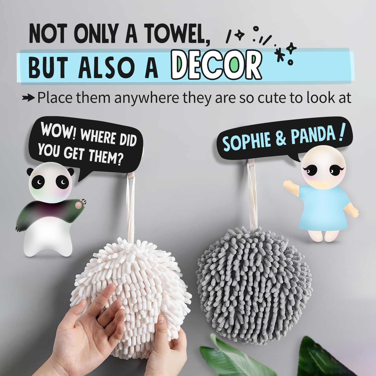 Fuzzy Ball Towels Set Perfect for the Bathroom White and Gray