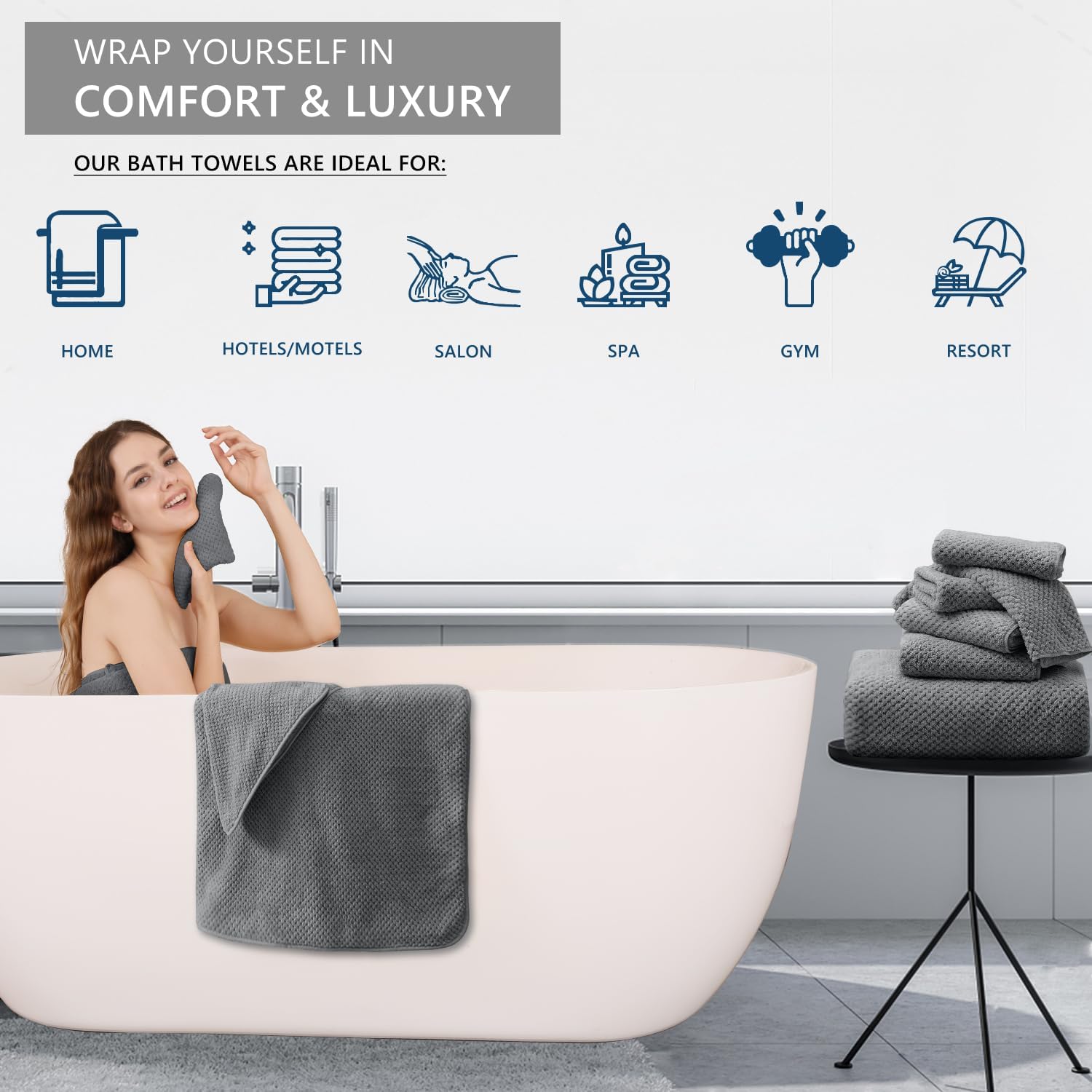 Extra Large 4-Pack Bath Towels 35x70 Dark Gray Soft Quick-Dry