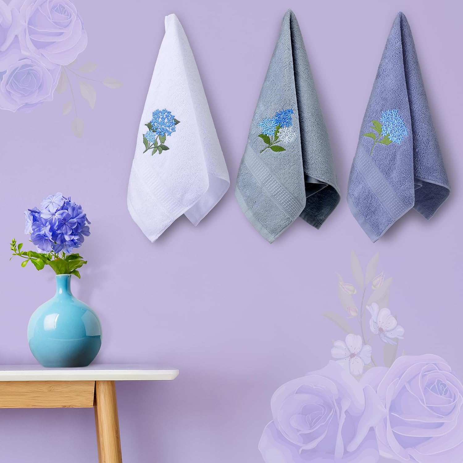 Gather a soft summer vibe with our Tingjoo Blue Hydrangea Hand Towels