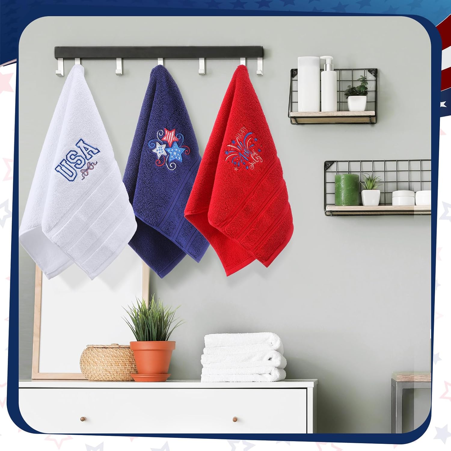 American Flag Red White 3-Pack Patriotic Hand Towels 4th of July Cotton