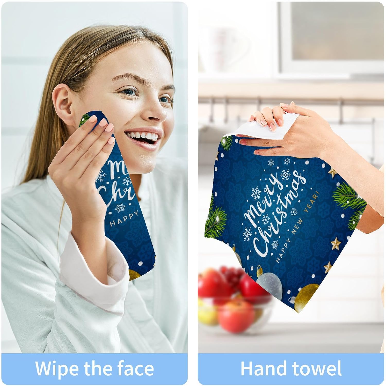 Merry Christmas Blue Yettasa Bins Soft Reusable Washcloth Set for Baby Faces