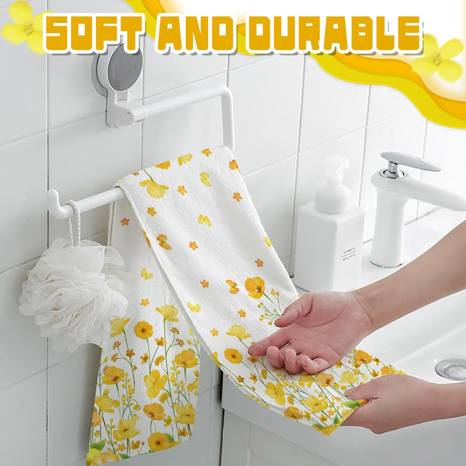 LIOQUN Yellow Flower Hand Towels Soft Durable 18x26