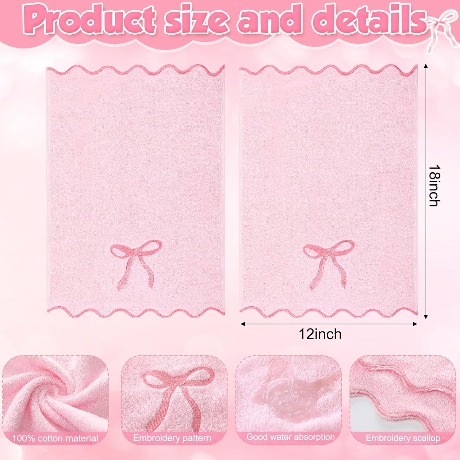 Scalloped Pink Bow Towels 12x18