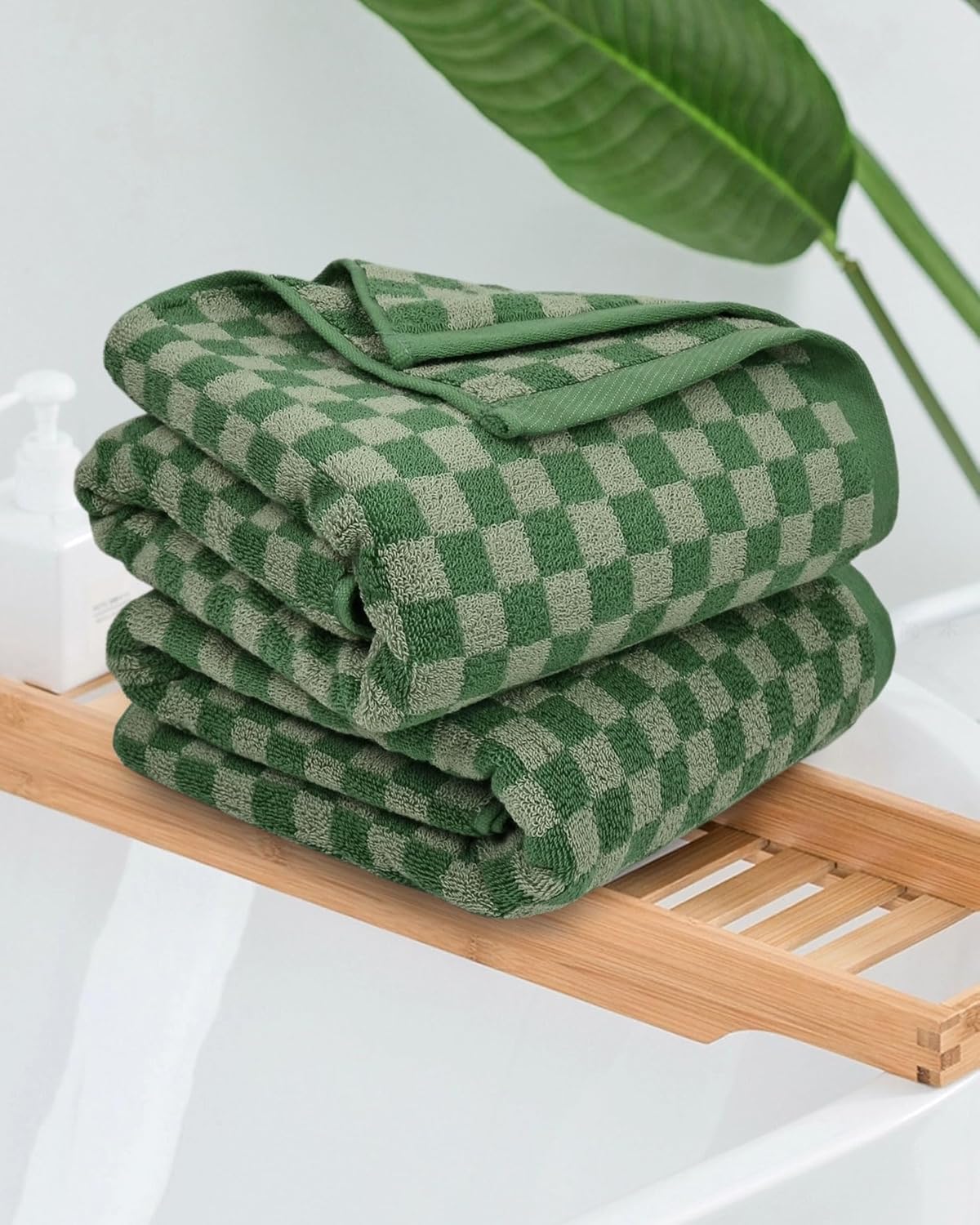 Cotton Soft Green Checkered Bath Towels - 54x28 2-Pack