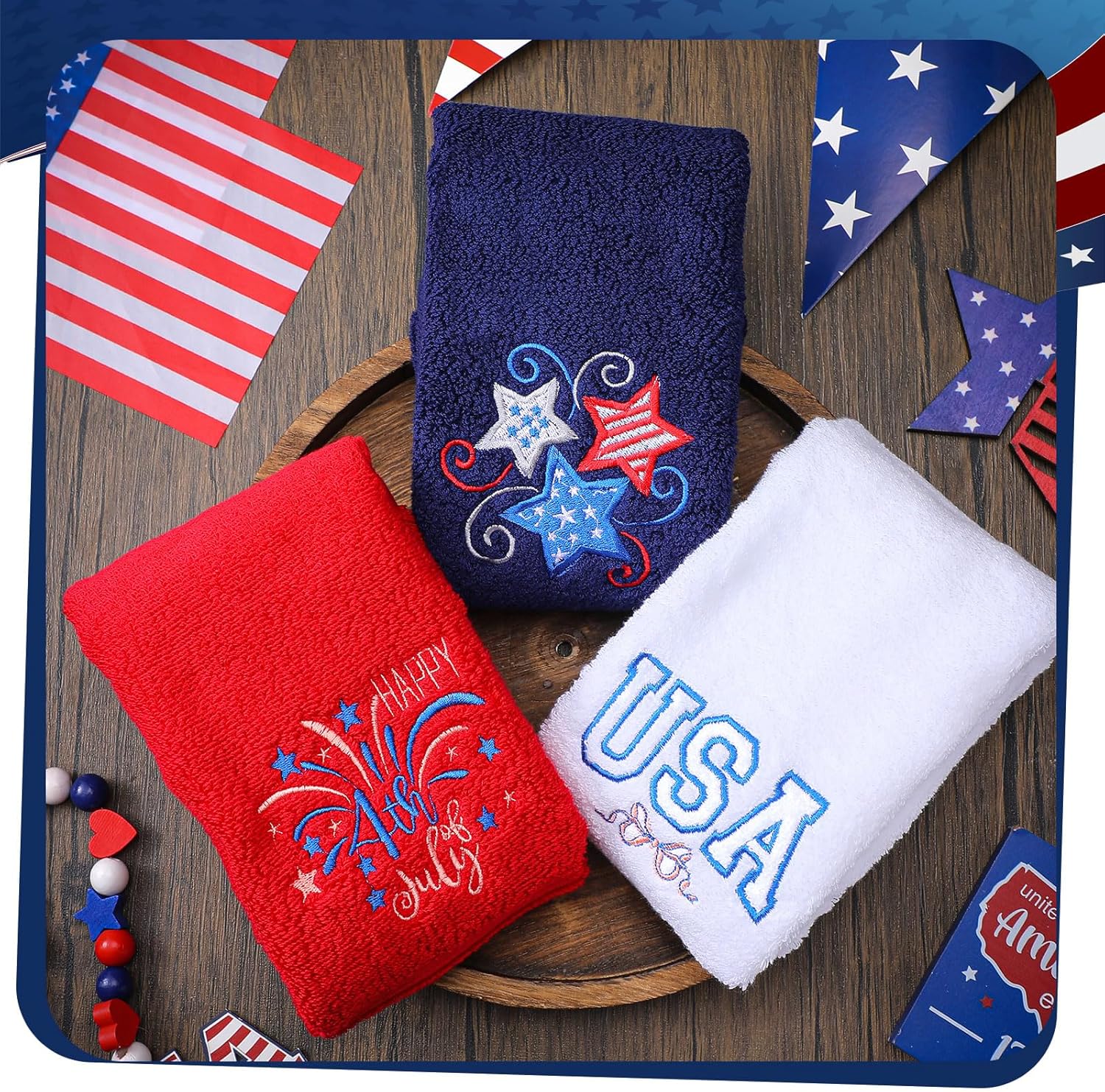 American Flag Red White 3-Pack Patriotic Hand Towels 4th of July Cotton