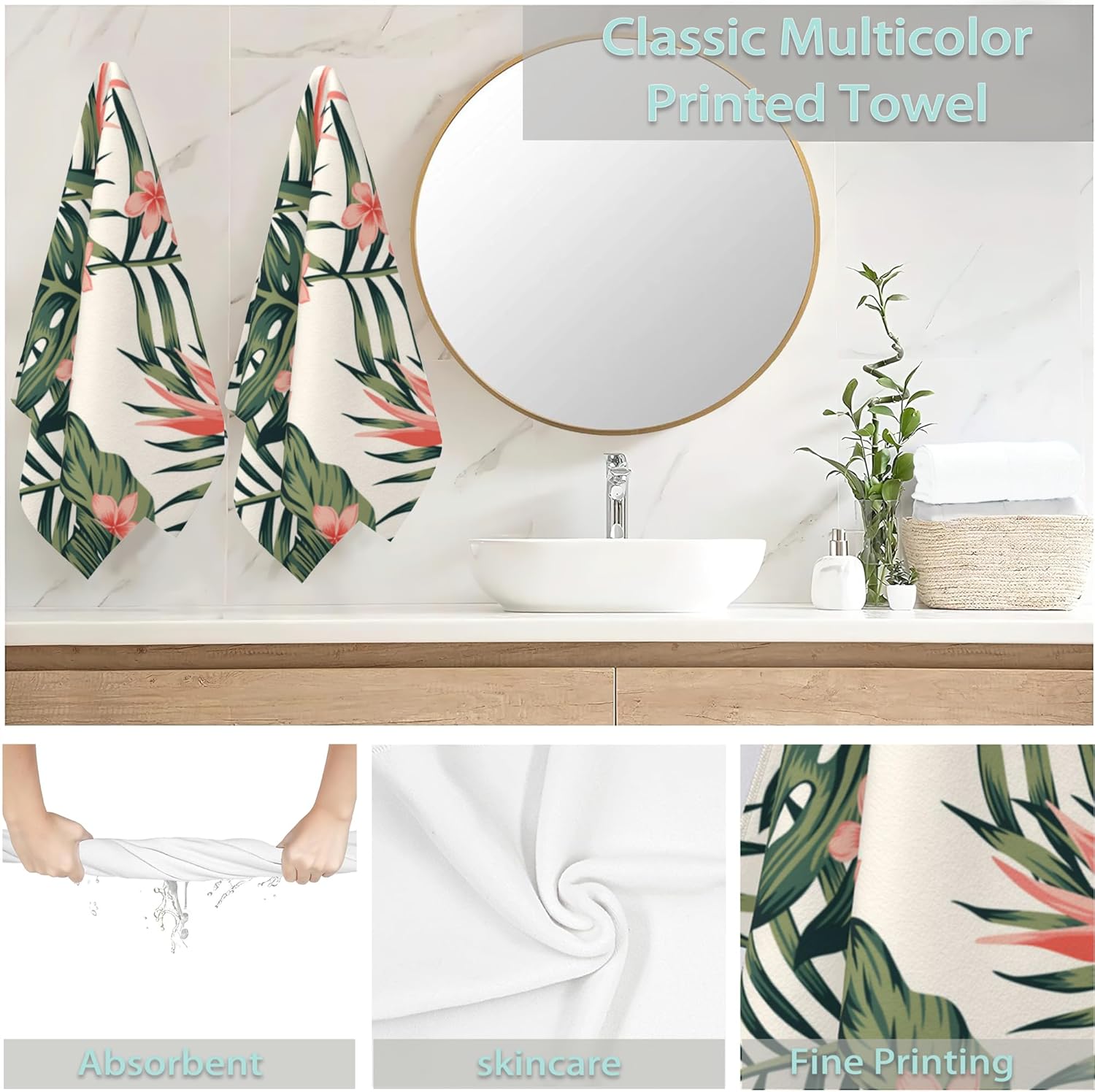 Tropical Leaves Hand Towels Set of 2 Soft Fins Fingertip Bath Towels