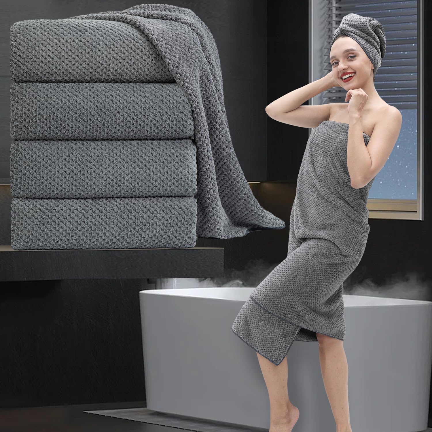 Extra Large 4-Pack Bath Towels 35x70 Dark Gray Soft Quick-Dry