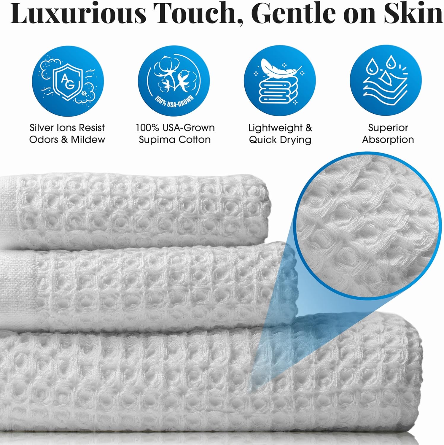 Ravel Silver Infused Waffle Towel USA Grown Supima Cotton Luxurious Quick-Drying