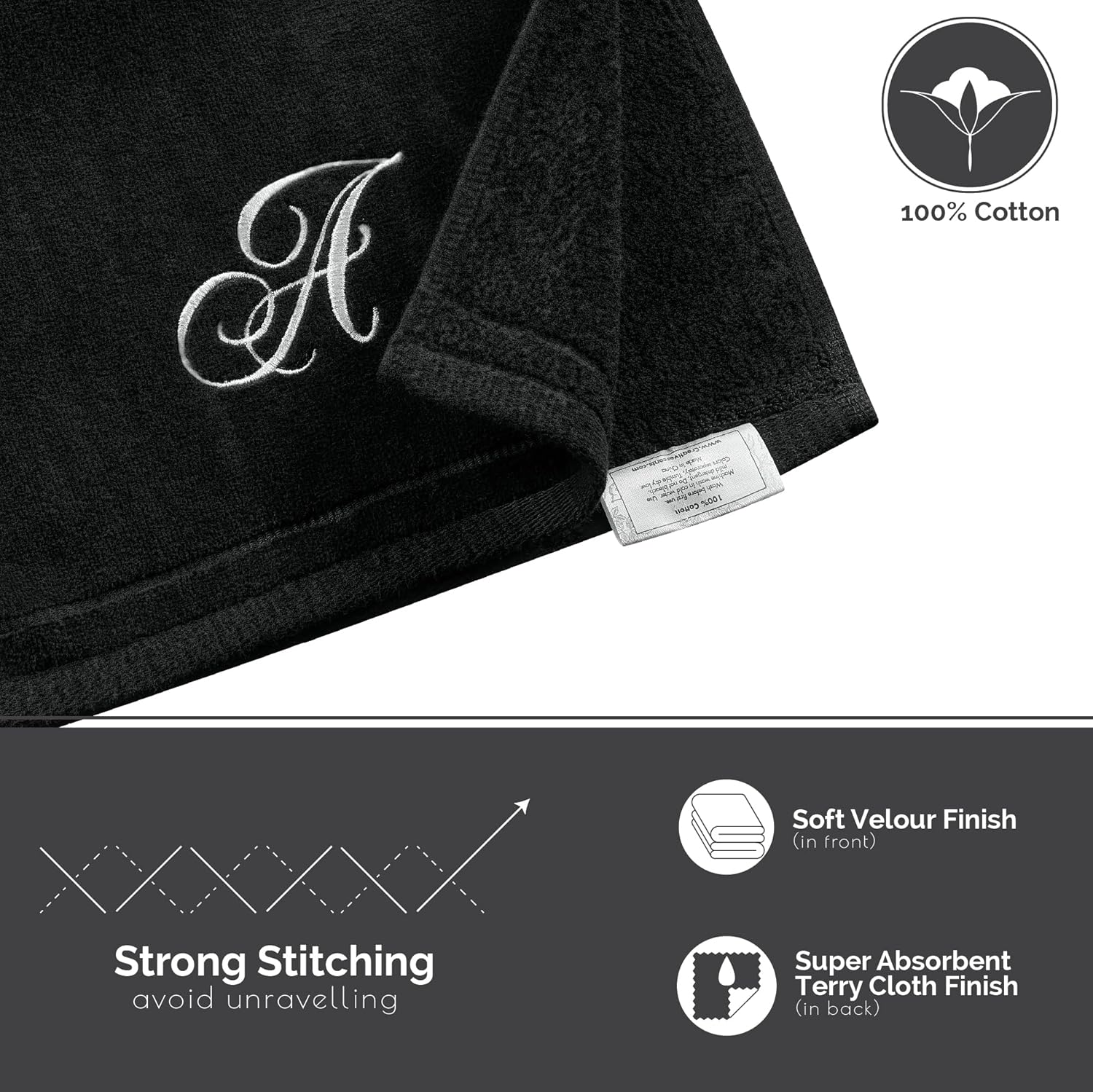 Personalized Monogram Fingertip Towels Set of 2 Black