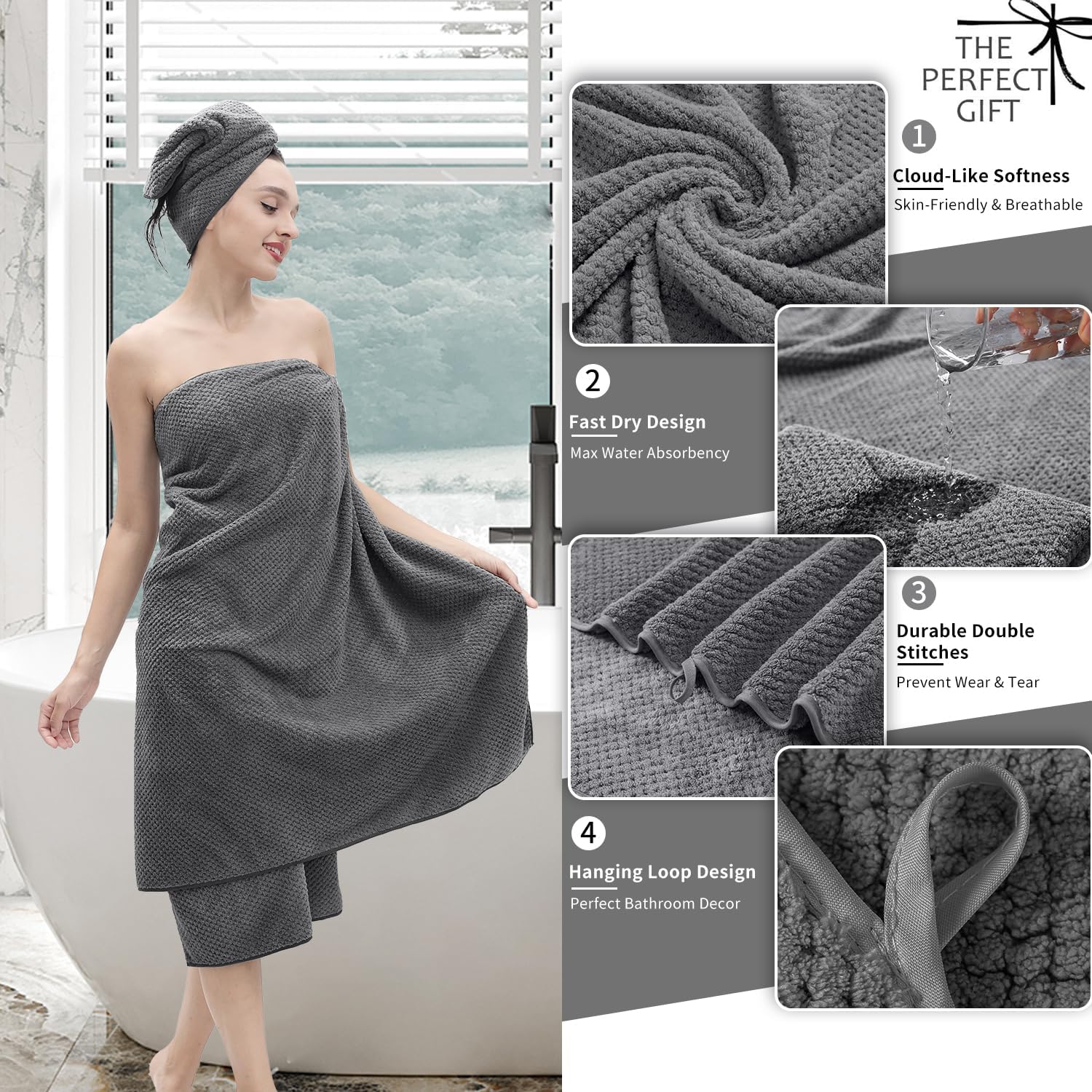Extra Large 4-Pack Bath Towels 35x70 Dark Gray Soft Quick-Dry