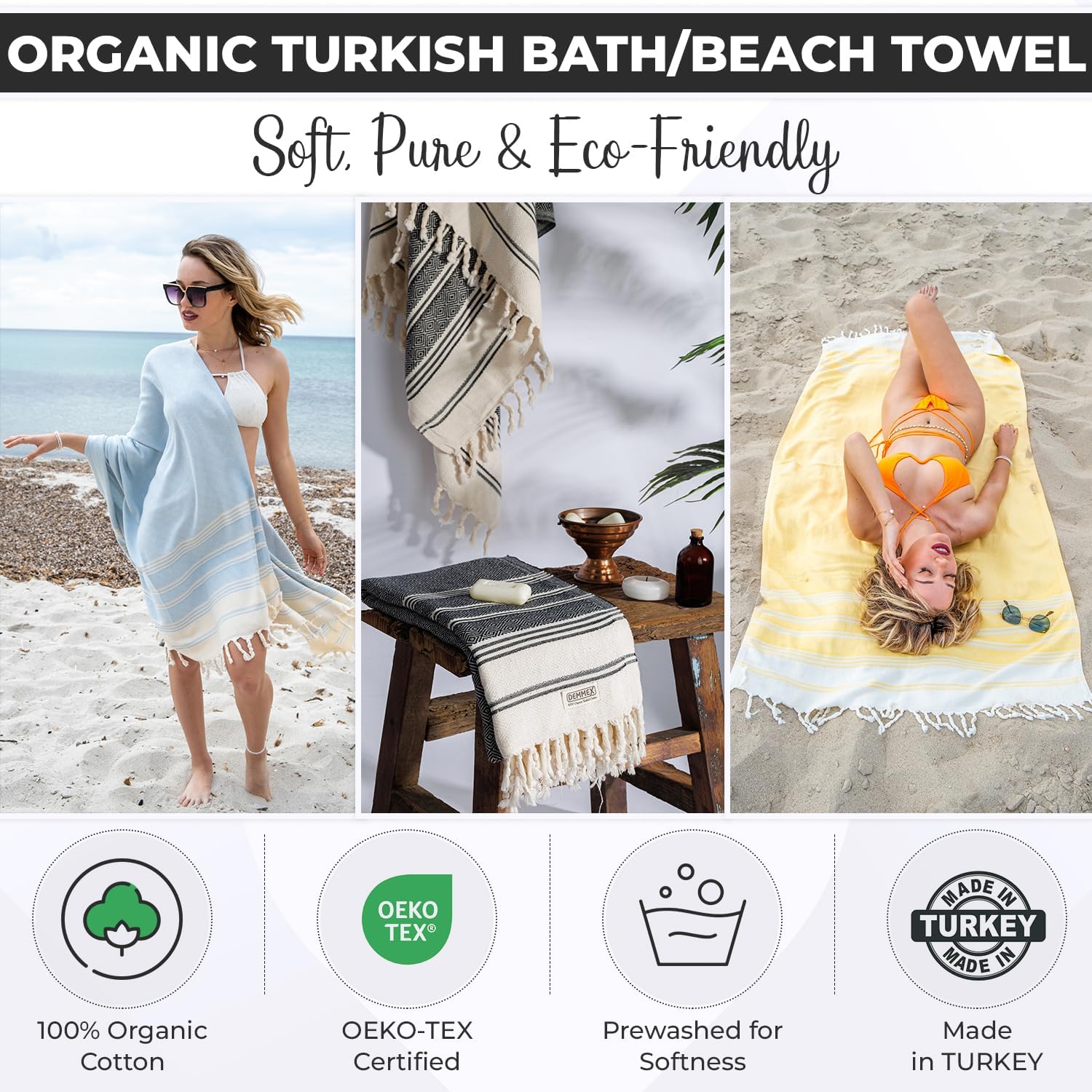 DEMMEX Organic Luxury Ultra Soft Turkish Cotton Bath Towel - 71x36 PreWashed Diamond Weave