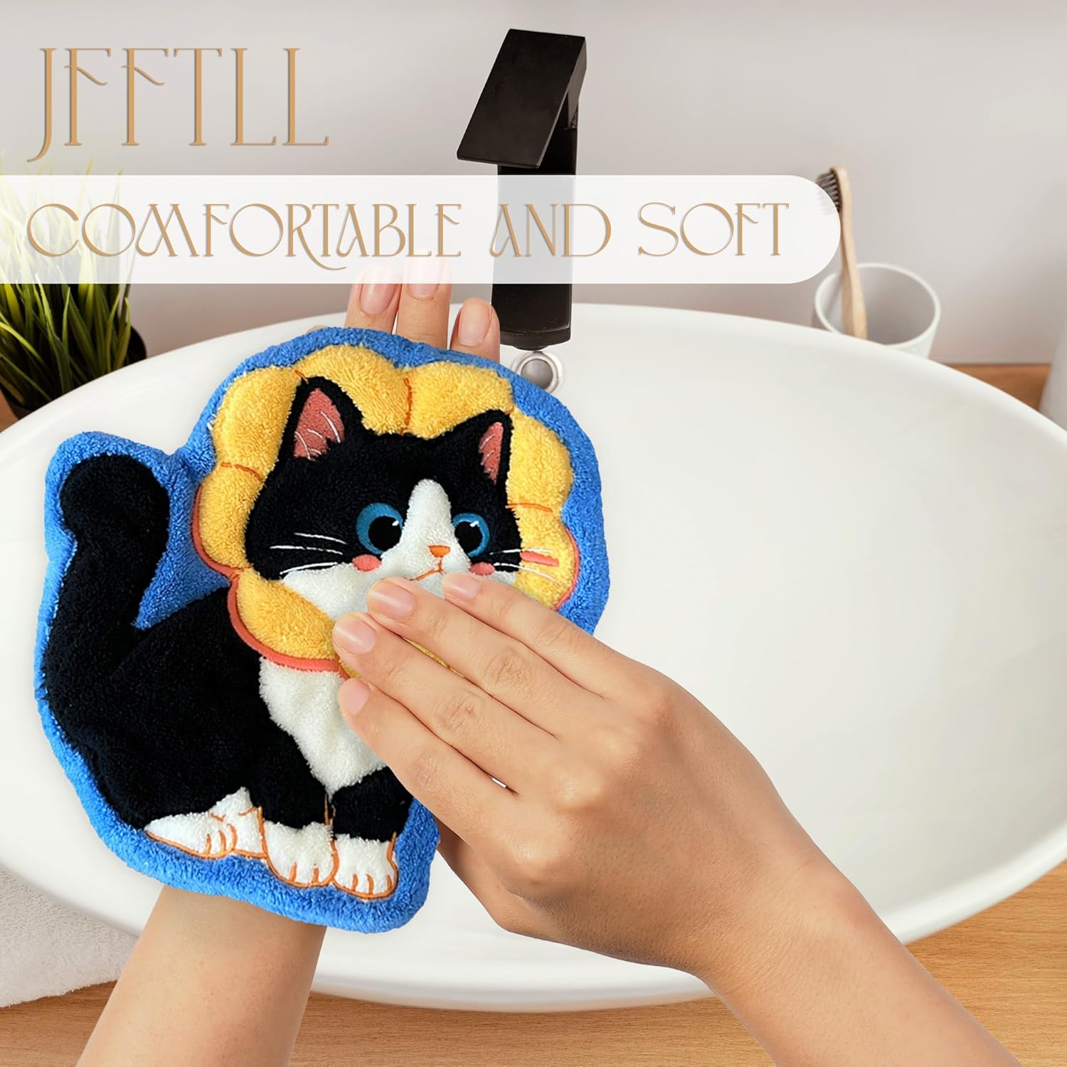 JFFTLL Yellow Flower Tuxedo Cat Hand Towels