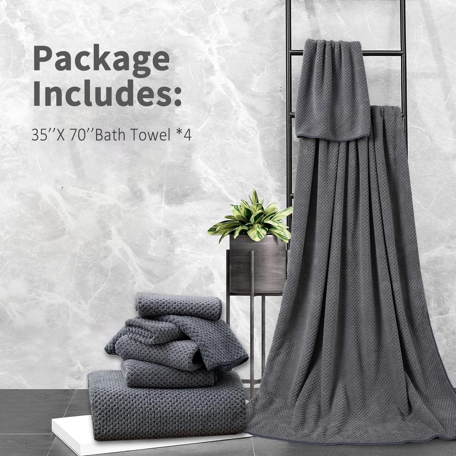 Extra Large 4-Pack Bath Towels 35x70 Dark Gray Soft Quick-Dry