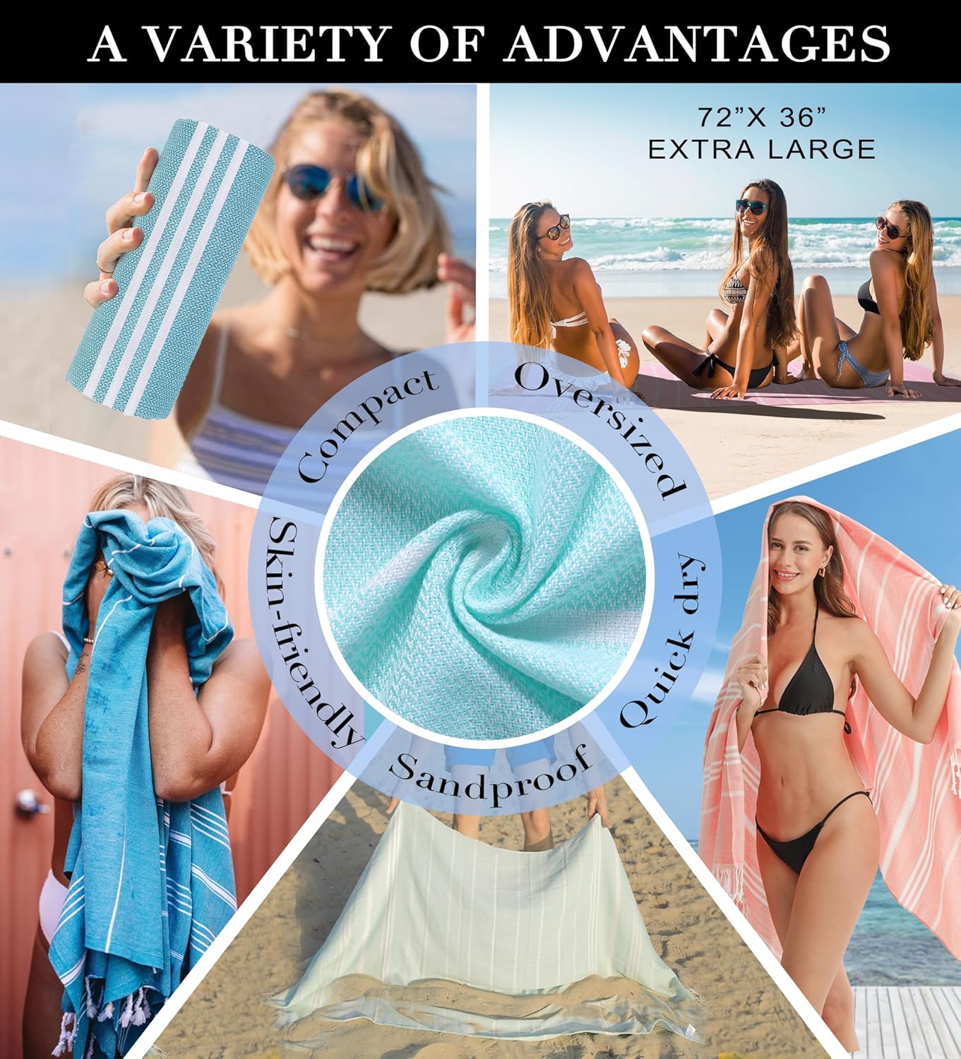 6-Piece Turkey Beach Towels Set - Durable Fast-Drying Sandproof for Adults