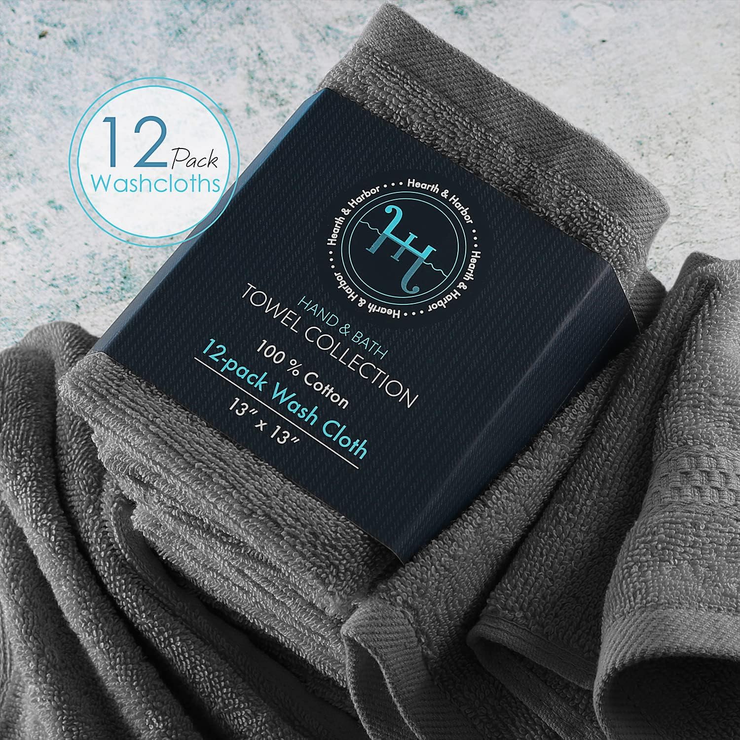 Hearth Harbor Washcloth Set - 12 PIECE - 13x13 - Premium Cotton