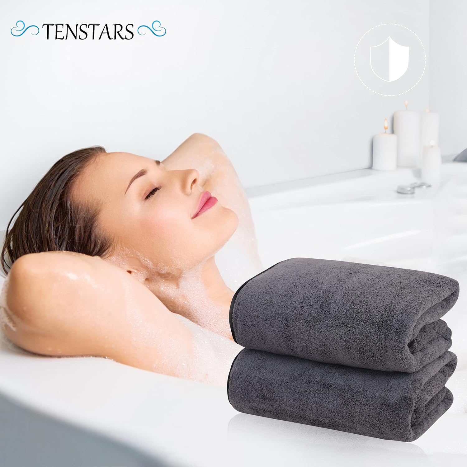 TENSTARS Luxury Silk Hemming Bath Towels Quick-Drying Soft Microfiber 27x55 - 2 Pk