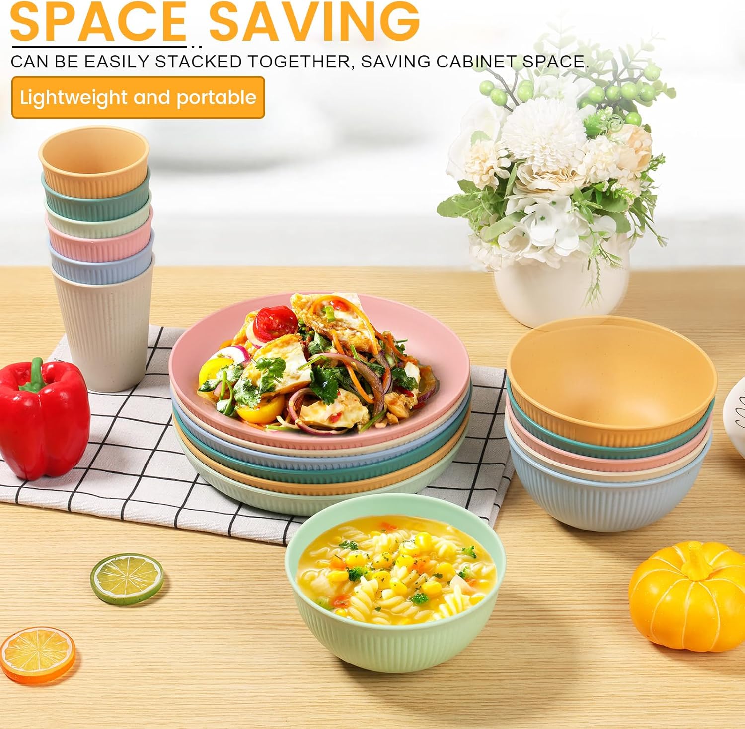 18-Piece Plastic camping plates with Stripes for Adults Kids